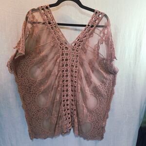 Plus SZ 1X Peach Lace Crochet Peasant Blouse Boho Beach Vacation